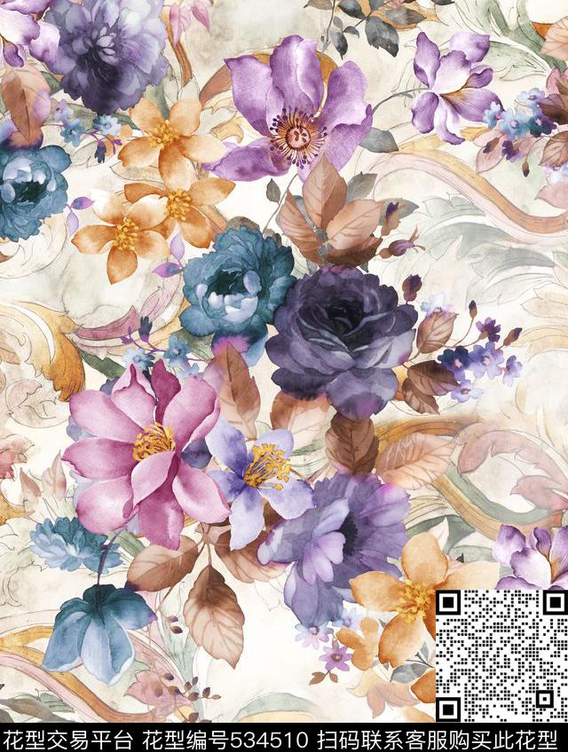 花卉玫瑰欧式花纹数码印花华亿平台下载（图片编号: 534510） - 瓦栏（Walan）