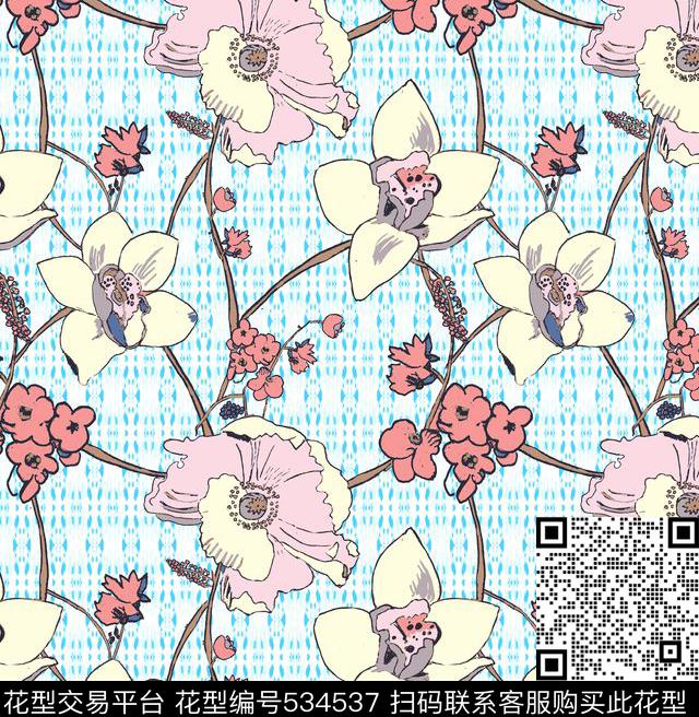 民俗清新田园民俗手绘花卉枝条线描花卉扎染民族叠加传统印花华亿平台下载（图片编号: 534537） - 瓦栏（Walan）