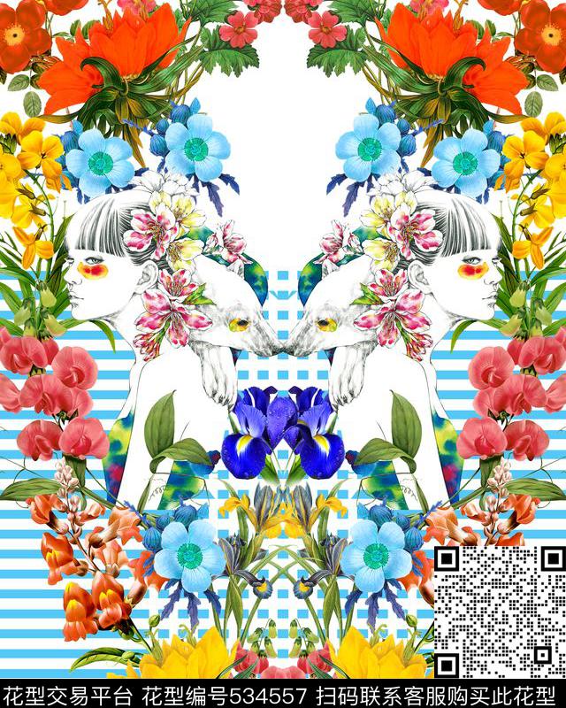 MAX-定位欧美民族风田园风手绘花卉熊仔美人横纹数码印花华亿平台下载（图片编号: 534557） - 瓦栏（Walan）