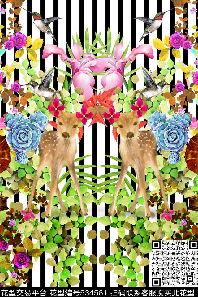 MAX-定位欧美民族风田园风手绘丛林仙鹿迷踪数码印花华亿平台下载（图片编号: 534561） - 瓦栏（Walan）