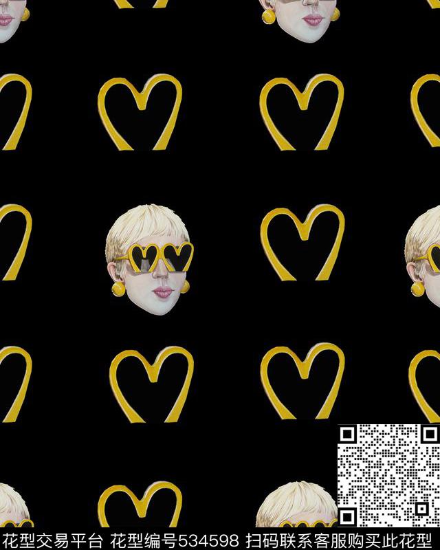 时尚波普桃心眼镜朋克女孩数码印花华亿平台下载（图片编号: 534598） - 瓦栏（Walan）