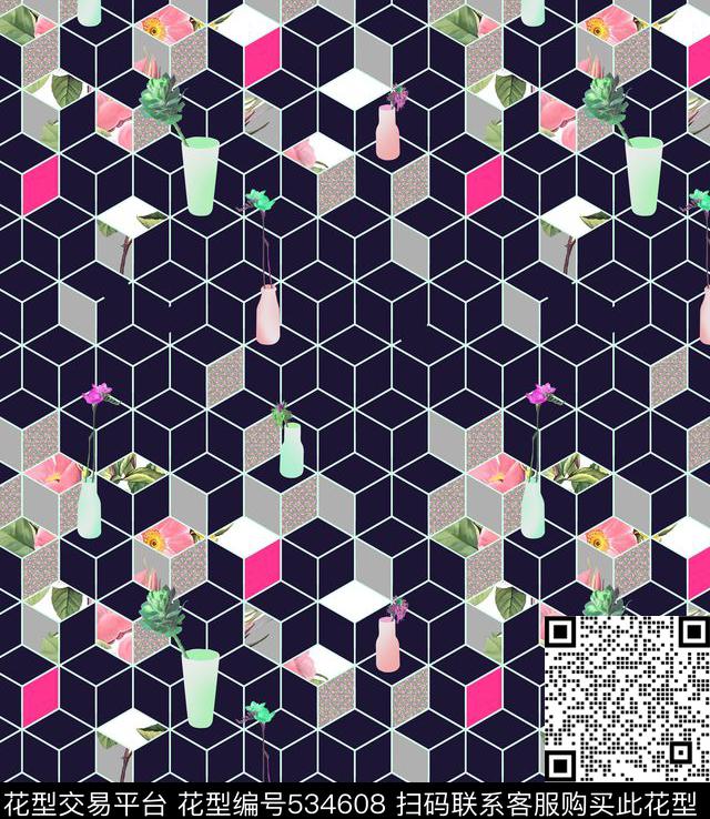 花瓶标本花花枝方格几何菱形格叠加趣味时尚流行数码印花华亿平台下载（图片编号: 534608） - 瓦栏（Walan）