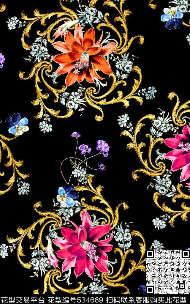 欧式复古卷草数码印花华亿平台下载（图片编号: 534669） - 瓦栏（Walan）