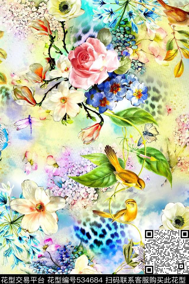 时尚豹纹花卉数码印花华亿平台下载（图片编号: 534684） - 瓦栏（Walan）