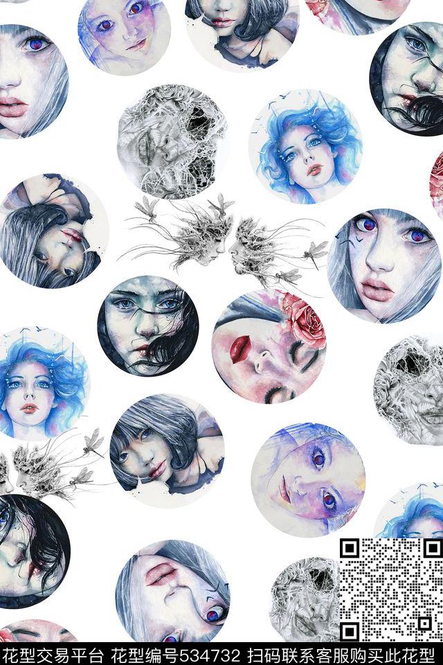 插画女孩眼睛人物数码印花华亿平台下载（图片编号: 534732） - 瓦栏（Walan）