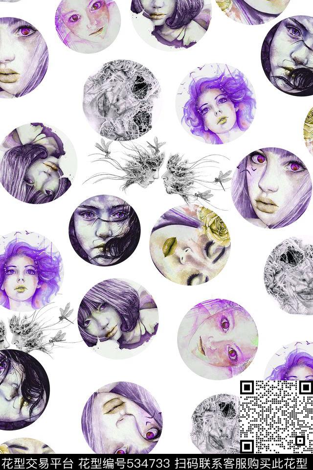 插画女孩眼睛人物数码印花华亿平台下载（图片编号: 534733） - 瓦栏（Walan）