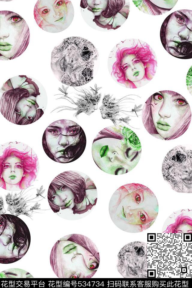 插画女孩眼睛人物数码印花华亿平台下载（图片编号: 534734） - 瓦栏（Walan）