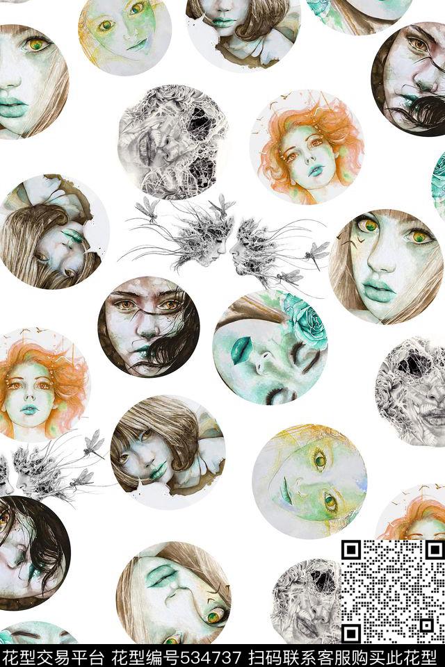 插画女孩眼睛人物数码印花华亿平台下载（图片编号: 534737） - 瓦栏（Walan）