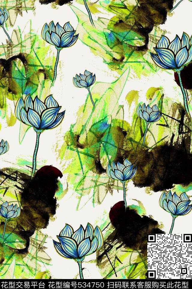 手绘水彩水墨数码印花华亿平台下载（图片编号: 534750） - 瓦栏（Walan）