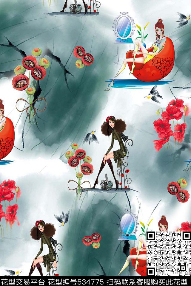 插画人物油画花卉鸟儿数码印花华亿平台下载（图片编号: 534775） - 瓦栏（Walan）