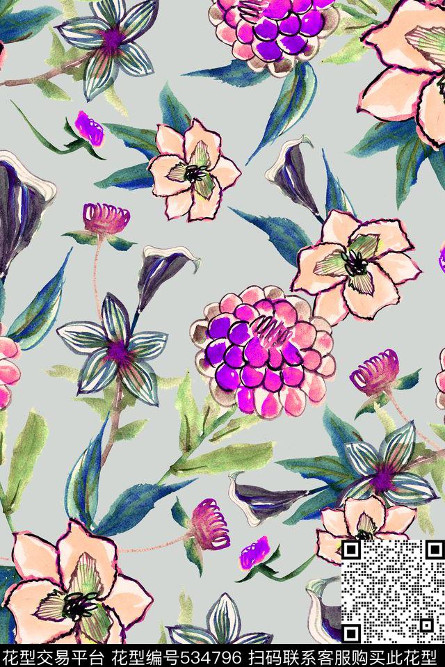 手绘花卉数码印花华亿平台下载（图片编号: 534796） - 瓦栏（Walan）