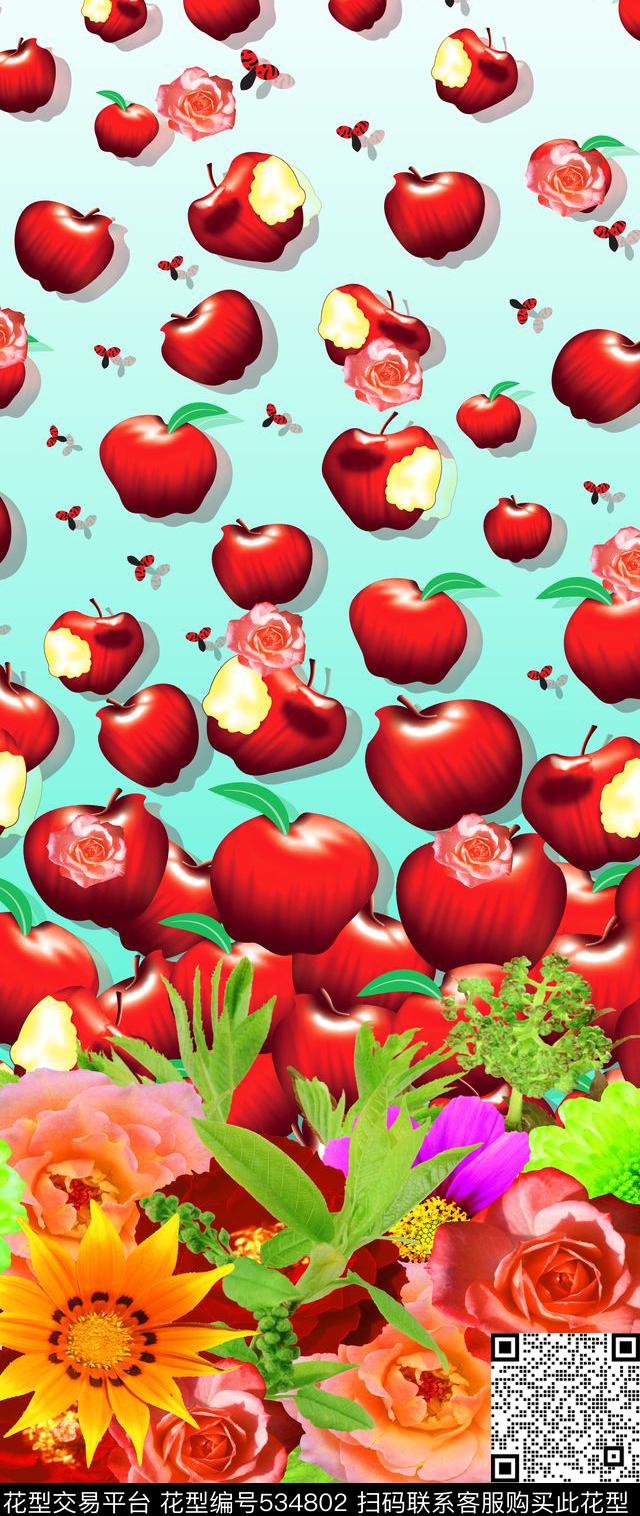 潮流时尚苹果花卉花卉渐变数码印花华亿平台下载（图片编号: 534802） - 瓦栏（Walan）