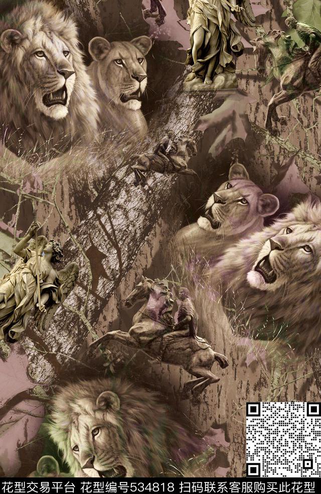 复古动物老虎欧洲雕像复古大树迷彩数码印花华亿平台下载（图片编号: 534818） - 瓦栏（Walan）