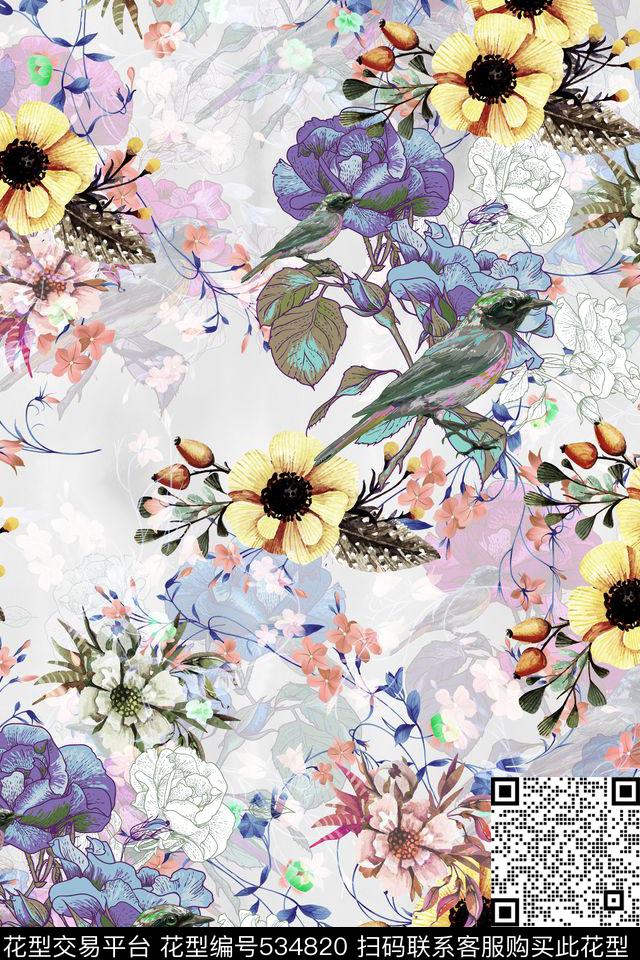 浪漫L.D~手绘鹊鸟数码印花华亿平台下载（图片编号: 534820） - 瓦栏（Walan）
