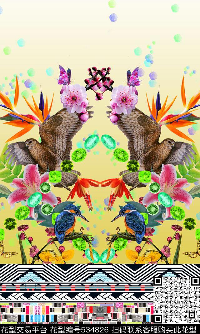 时尚潮流几何花鸟渐变宝石数码印花华亿平台下载（图片编号: 534826） - 瓦栏（Walan）