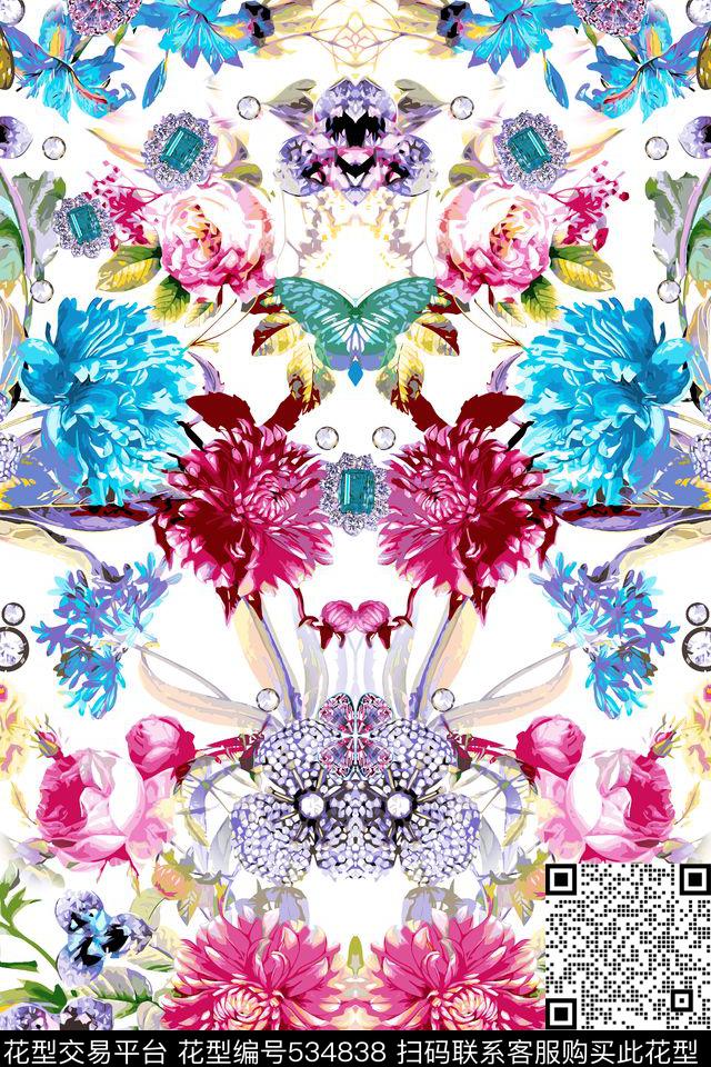 白底花卉宝石花卉数码印花华亿平台下载（图片编号: 534838） - 瓦栏（Walan）