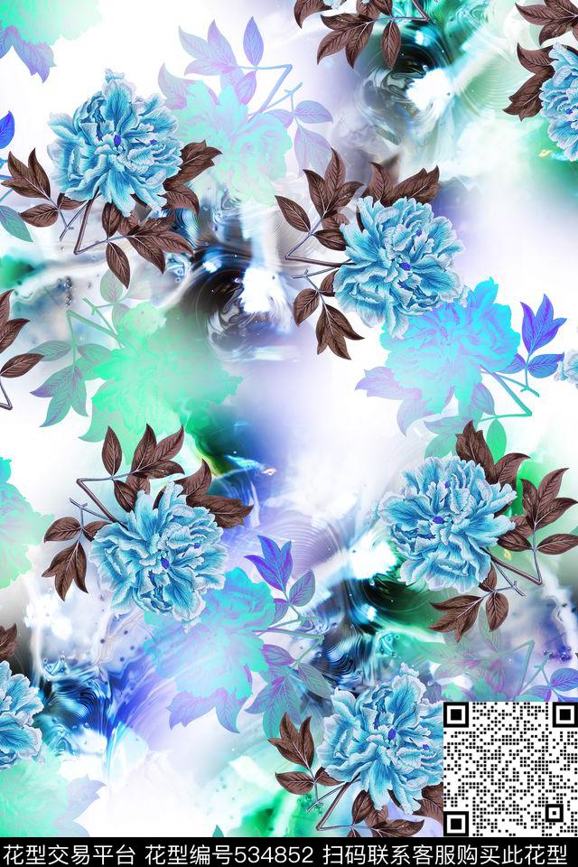 靛蓝花卉渐变数码印花华亿平台下载（图片编号: 534852） - 瓦栏（Walan）