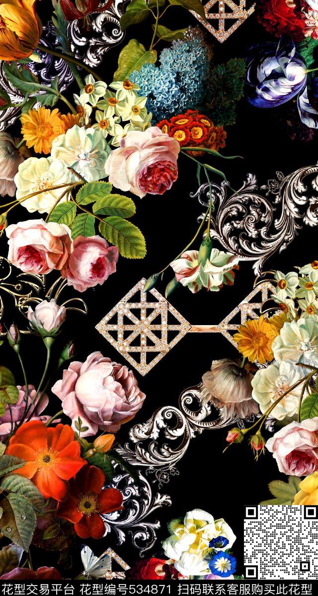 满花油画花卉卷草纹数码印花华亿平台下载（图片编号: 534871） - 瓦栏（Walan）
