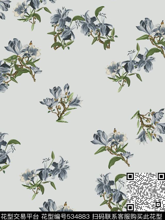 潮流复古花朵数码印花华亿平台下载（图片编号: 534883） - 瓦栏（Walan）