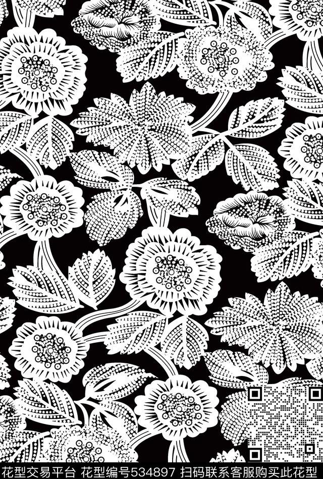 线条几何花卉花纹传统印花华亿平台下载（图片编号: 534897） - 瓦栏（Walan）