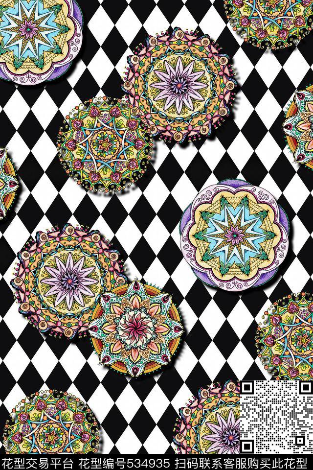 经典黑白几何民族图案时尚流行数码印花华亿平台下载（图片编号: 534935） - 瓦栏（Walan）