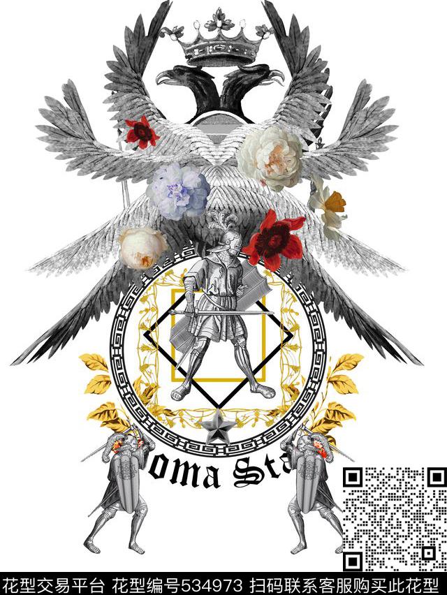 时尚骑士花卉数码印花华亿平台下载（图片编号: 534973） - 瓦栏（Walan）