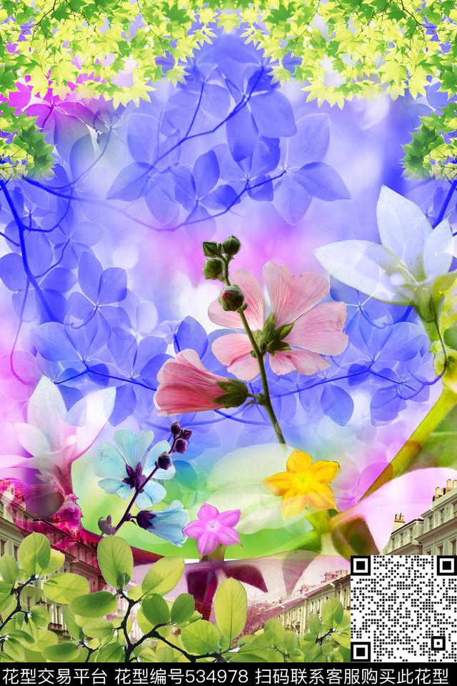 定位花卉建筑数码印花华亿平台下载（图片编号: 534978） - 瓦栏（Walan）