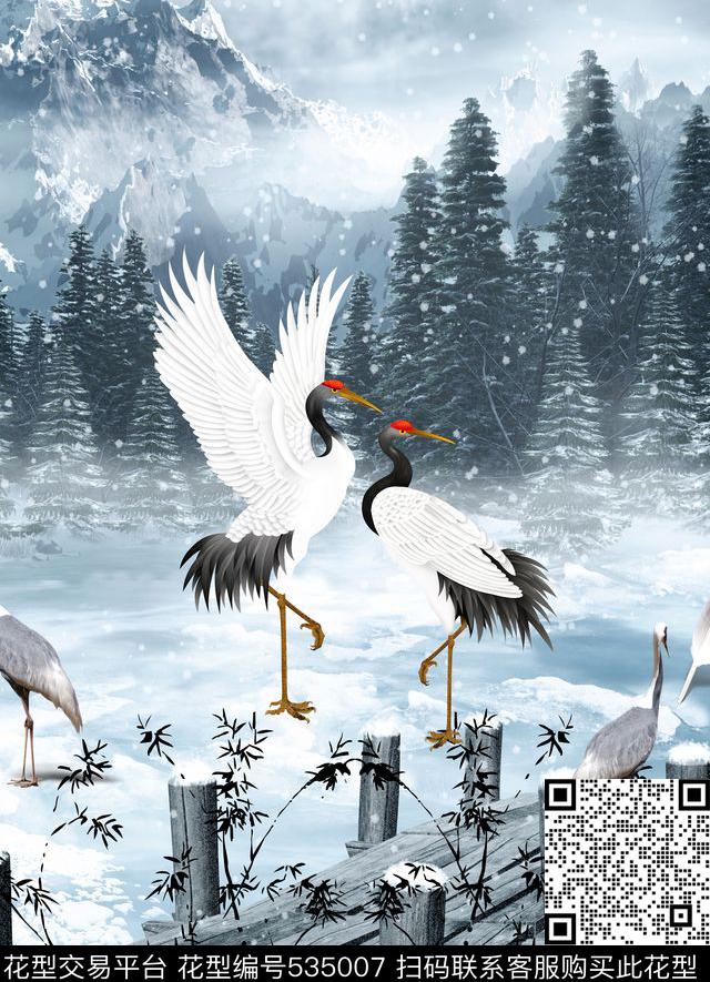 定位简尚复古冰雪简尚复古冰雪山水白鹤图动物华亿平台动物纹数码印花华亿平台下载（图片编号: 535007） - 瓦栏（Walan）