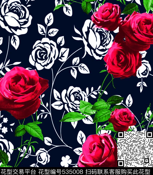 时尚玫瑰花玫瑰花卉数码印花华亿平台下载（图片编号: 535008） - 瓦栏（Walan）