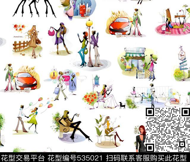 时尚卡通手绘卡通模特数码印花华亿平台下载（图片编号: 535021） - 瓦栏（Walan）