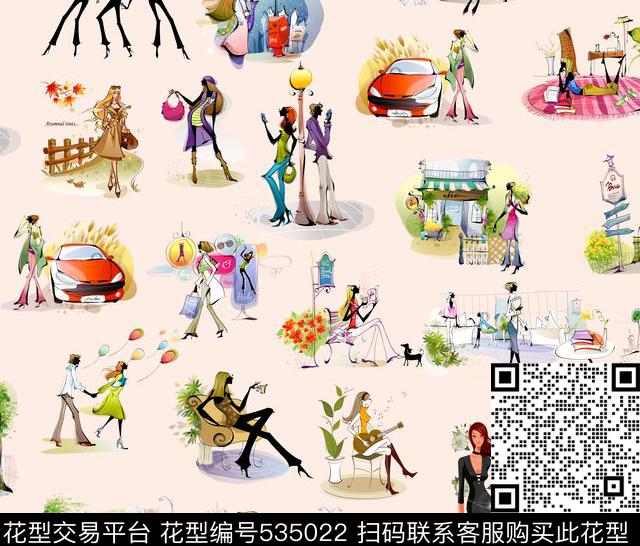 时尚卡通手绘卡通模特数码印花华亿平台下载（图片编号: 535022） - 瓦栏（Walan）
