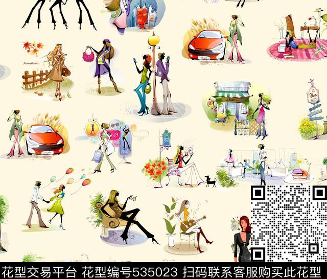 时尚卡通手绘卡通模特数码印花华亿平台下载（图片编号: 535023） - 瓦栏（Walan）