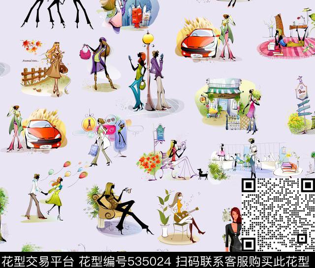 时尚卡通手绘卡通模特数码印花华亿平台下载（图片编号: 535024） - 瓦栏（Walan）