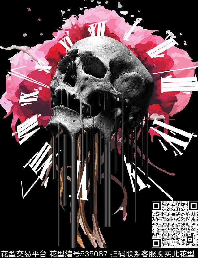 霸气骷髅罗马时钟鲜艳色彩传统印花华亿平台下载（图片编号: 535087） - 瓦栏（Walan）