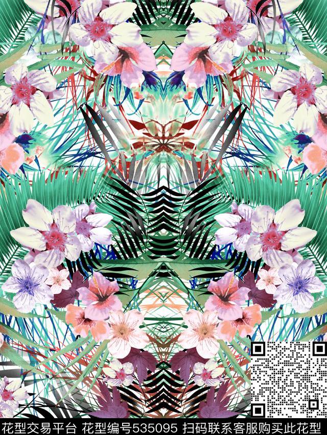 对称花花卉树叶花数码印花华亿平台下载（图片编号: 535095） - 瓦栏（Walan）