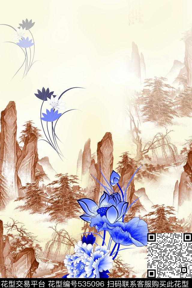 国画青花山水数码印花华亿平台下载（图片编号: 535096） - 瓦栏（Walan）