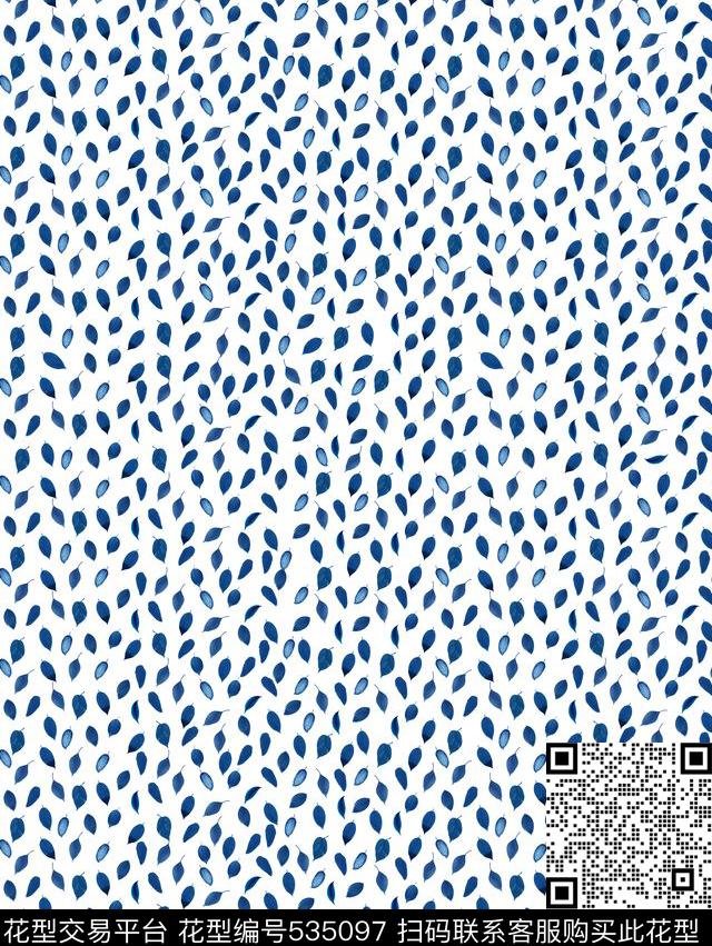 深邃蓝色时尚树叶数码印花传统印花华亿平台下载（图片编号: 535097） - 瓦栏（Walan）