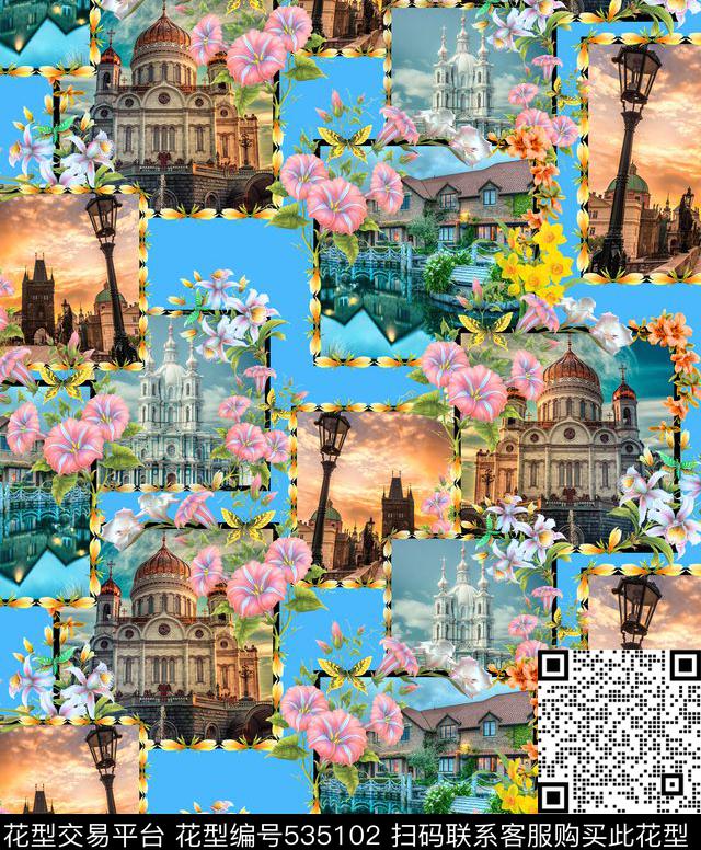 欧美流行时尚手绘花卉梦中城市田园风数码印花华亿平台下载（图片编号: 535102） - 瓦栏（Walan）