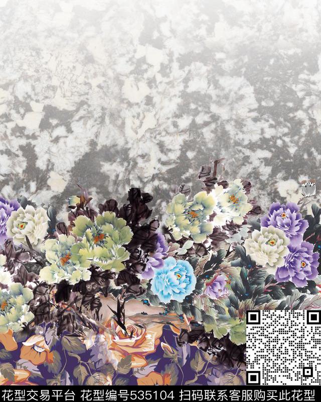 国画花卉短装定位丝绸华亿平台数码印花华亿平台下载（图片编号: 535104） - 瓦栏（Walan）
