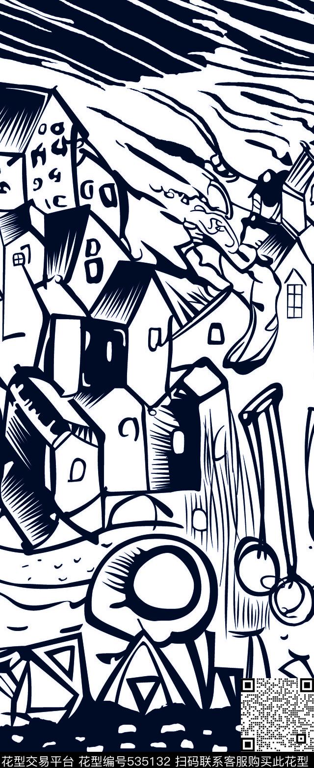 手绘房子楼房流行时尚传统印花华亿平台下载（图片编号: 535132） - 瓦栏（Walan）