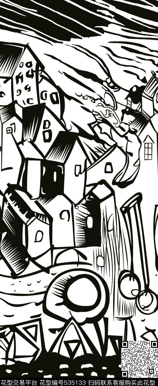 手绘房子楼房流行时尚传统印花华亿平台下载（图片编号: 535133） - 瓦栏（Walan）