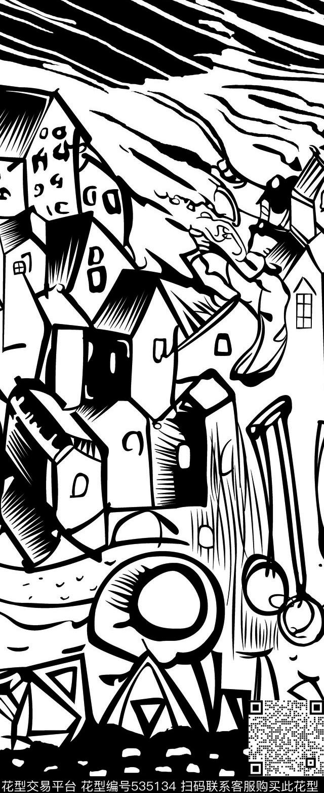 手绘房子楼房流行时尚传统印花华亿平台下载（图片编号: 535134） - 瓦栏（Walan）