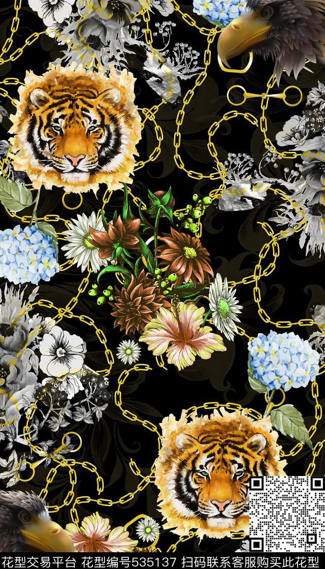 休闲时尚金色链条老虎头数码印花华亿平台下载（图片编号: 535137） - 瓦栏（Walan）