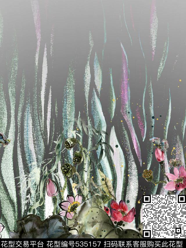 水墨荷花短装定位绘画渐变数码印花华亿平台下载（图片编号: 535157） - 瓦栏（Walan）