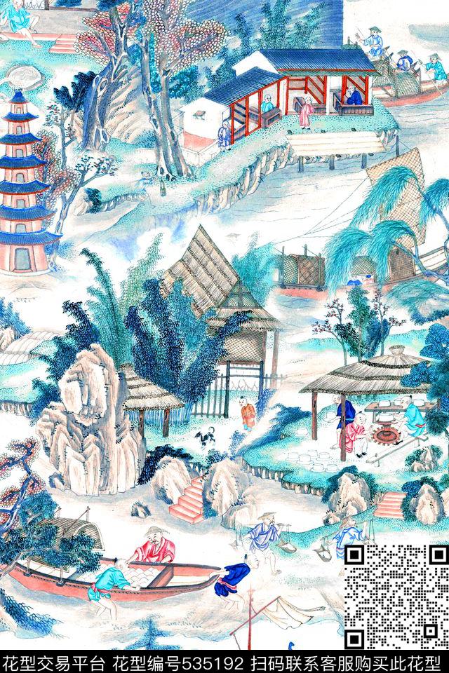 中国风青花瓷风景数码印花华亿平台下载（图片编号: 535192） - 瓦栏（Walan）