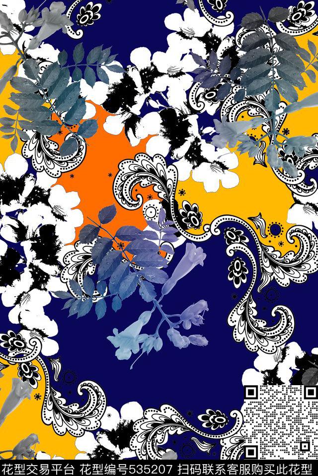 欧美风抽象花朵大气清新数码印花华亿平台下载（图片编号: 535207） - 瓦栏（Walan）