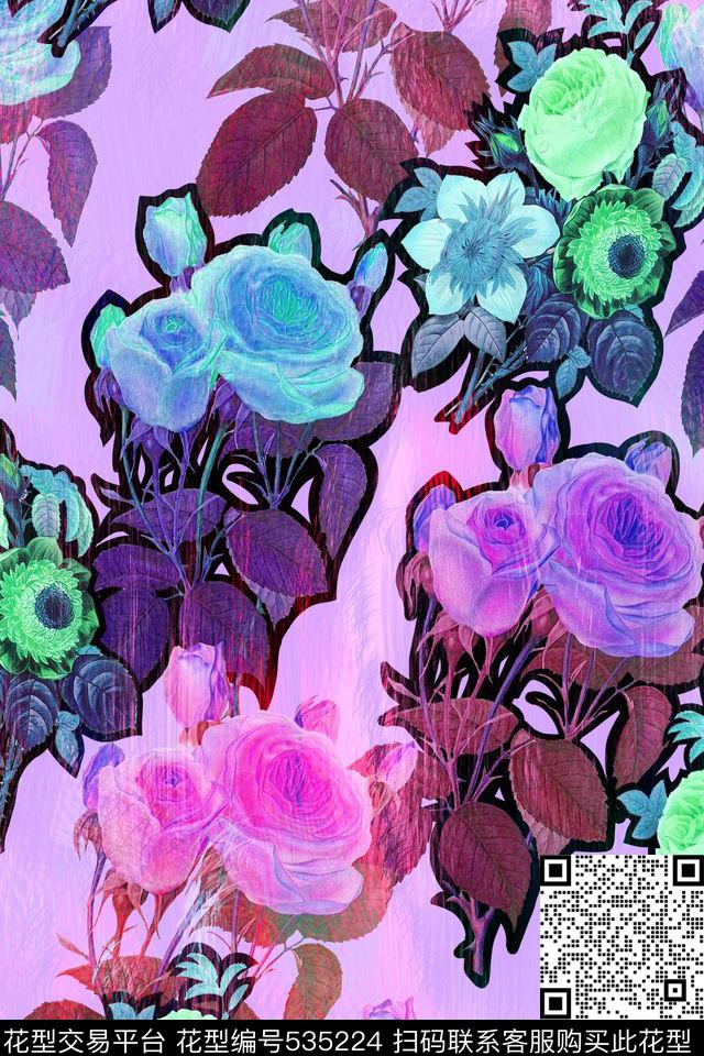 彩色玫瑰花卉时尚大牌数码印花华亿平台下载（图片编号: 535224） - 瓦栏（Walan）