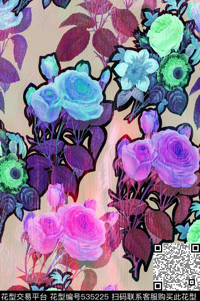 彩色玫瑰花卉时尚大牌数码印花华亿平台下载（图片编号: 535225） - 瓦栏（Walan）