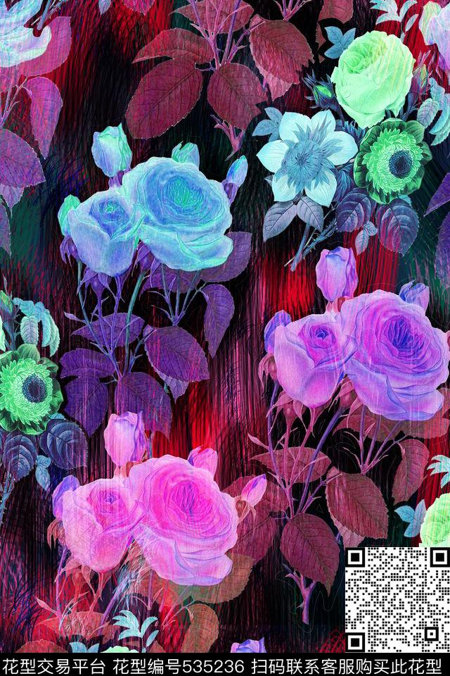 花卉彩色玫瑰时尚大牌数码印花华亿平台下载（图片编号: 535236） - 瓦栏（Walan）
