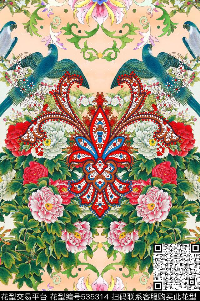 中国风定位牡丹数码印花华亿平台下载（图片编号: 535314） - 瓦栏（Walan）